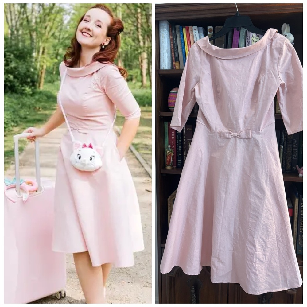 COLLECTIF Bertha Blush Petal Pink Swing Dress Rockabilly Pinup Bow Coquette XL